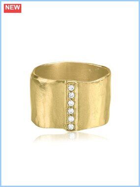 14K Gold Plated Sterling Silver Wide Band Hammered Ring Cubic Zirconia